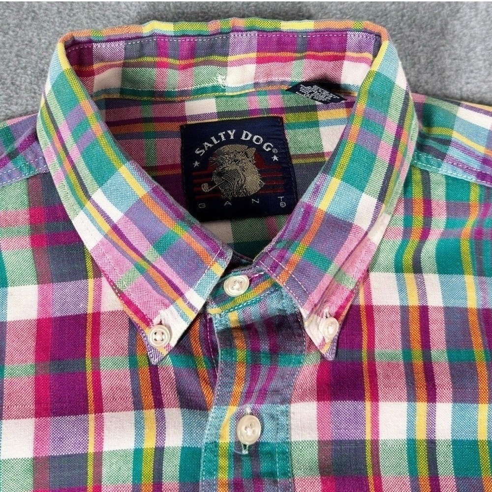 Gant Salty Dog Mens L Plaid Button Down Shirt Short Sleeve Cotton Madras